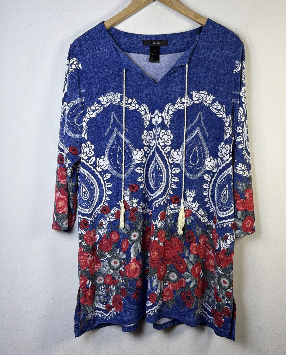 Ali Miles large Womens Tunic Top Art artsy Floral Geometric Blouse western boho